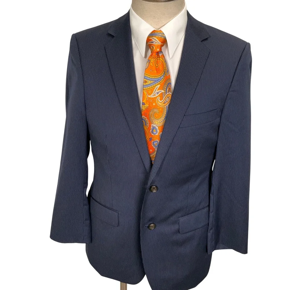 Ralph Lauren Blazer Men 38S Navy Pinstripe Corporate Wool 2-Button Suit Jacket